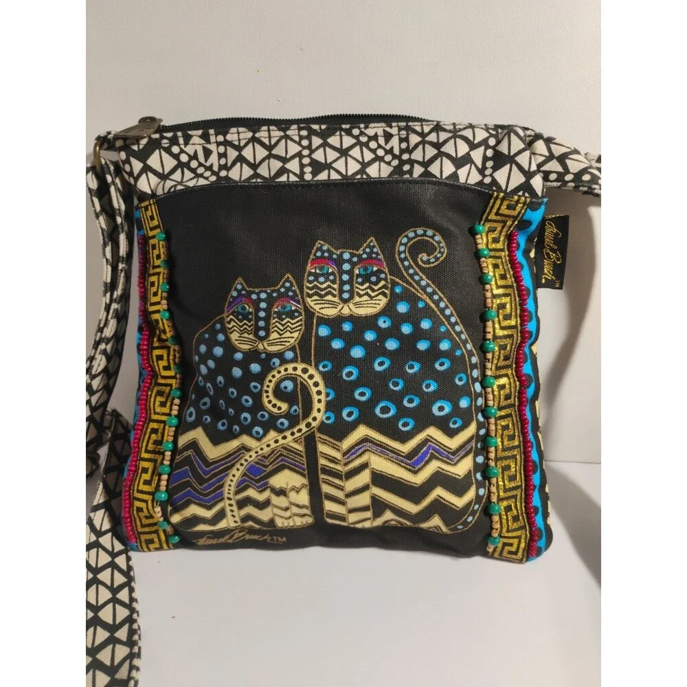 Laurel Burch Crossbody Canvas Bag Cats Zip Top Purse Handbag